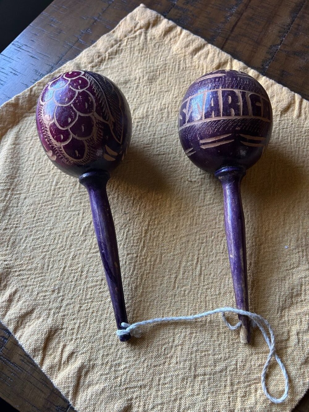 Handmade Wooden Maracas Musical Instrument    dark stain with Costa Rica  carved